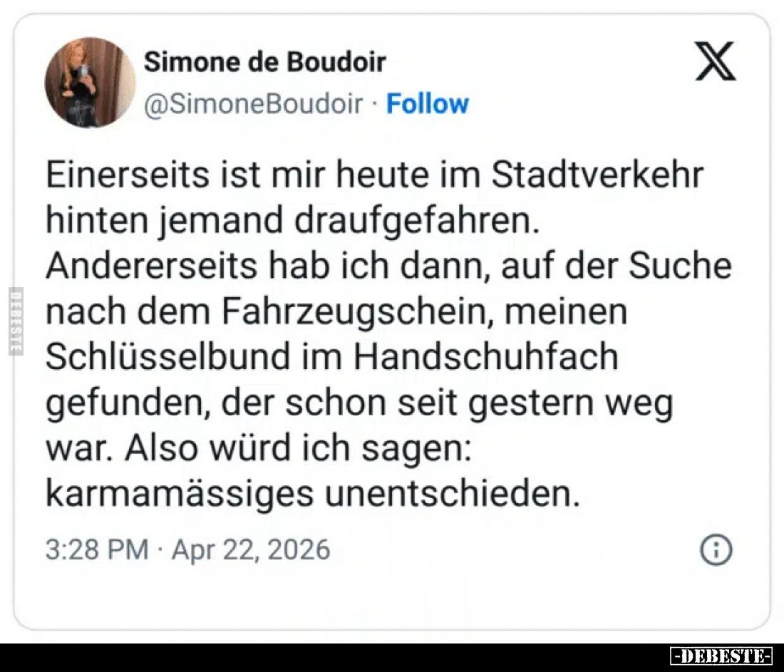 Einerseits ist mir heute im Stadtverkehr hinten jemand draufgefahren.
Andererseits hab ich dann, auf der Suche nach dem Fahr...