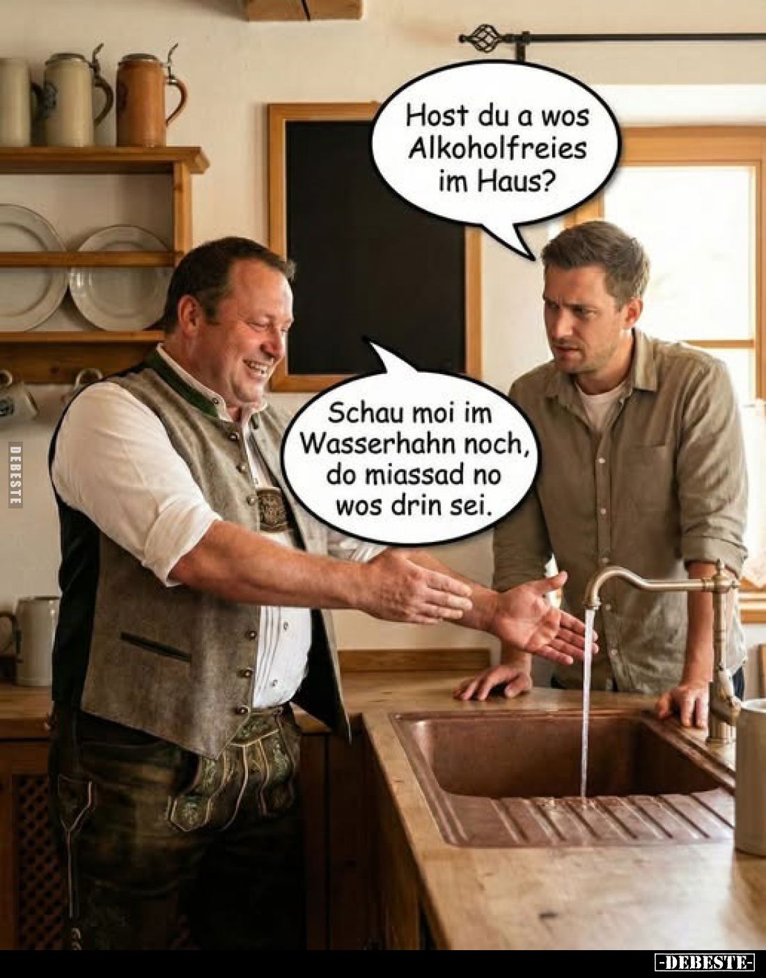 Host du a wos Alkoholfreies im Haus?
Schau moi im Wasserhahn noch, do miassad no wos drin sei.