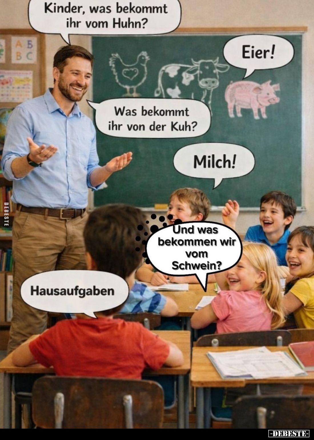 Kinder, was bekommt ihr vom Huhn?
-
Eier! -
Was bekommt ihr von der Kuh? -
Milch! -
Und was bekommen wir vom Schwein? -...