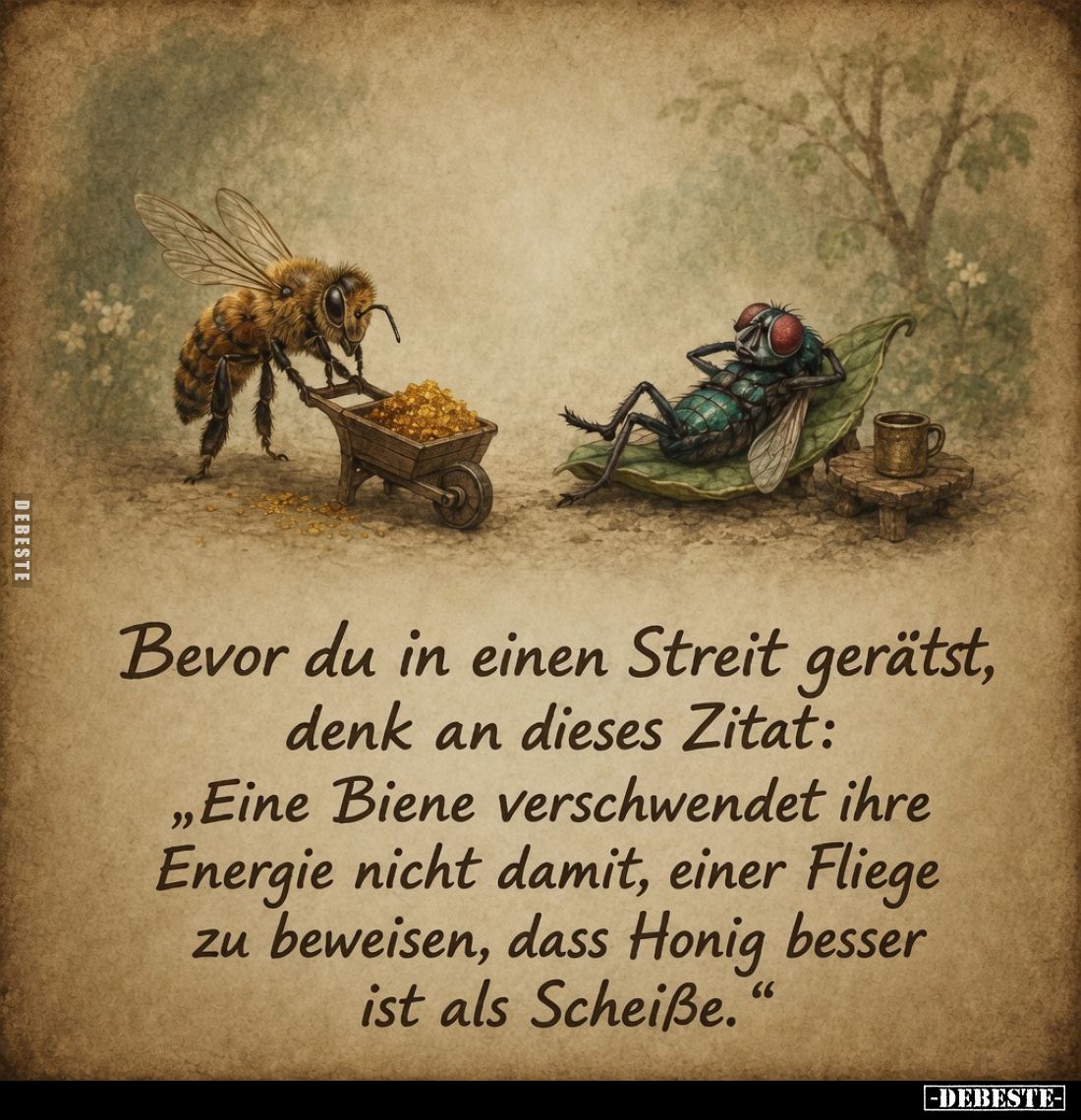 Bevor du in einen Streit gerätst, denk an dieses Zitat:
„Eine Biene verschwendet ihre Energie nicht damit, einer Fliege zu b...