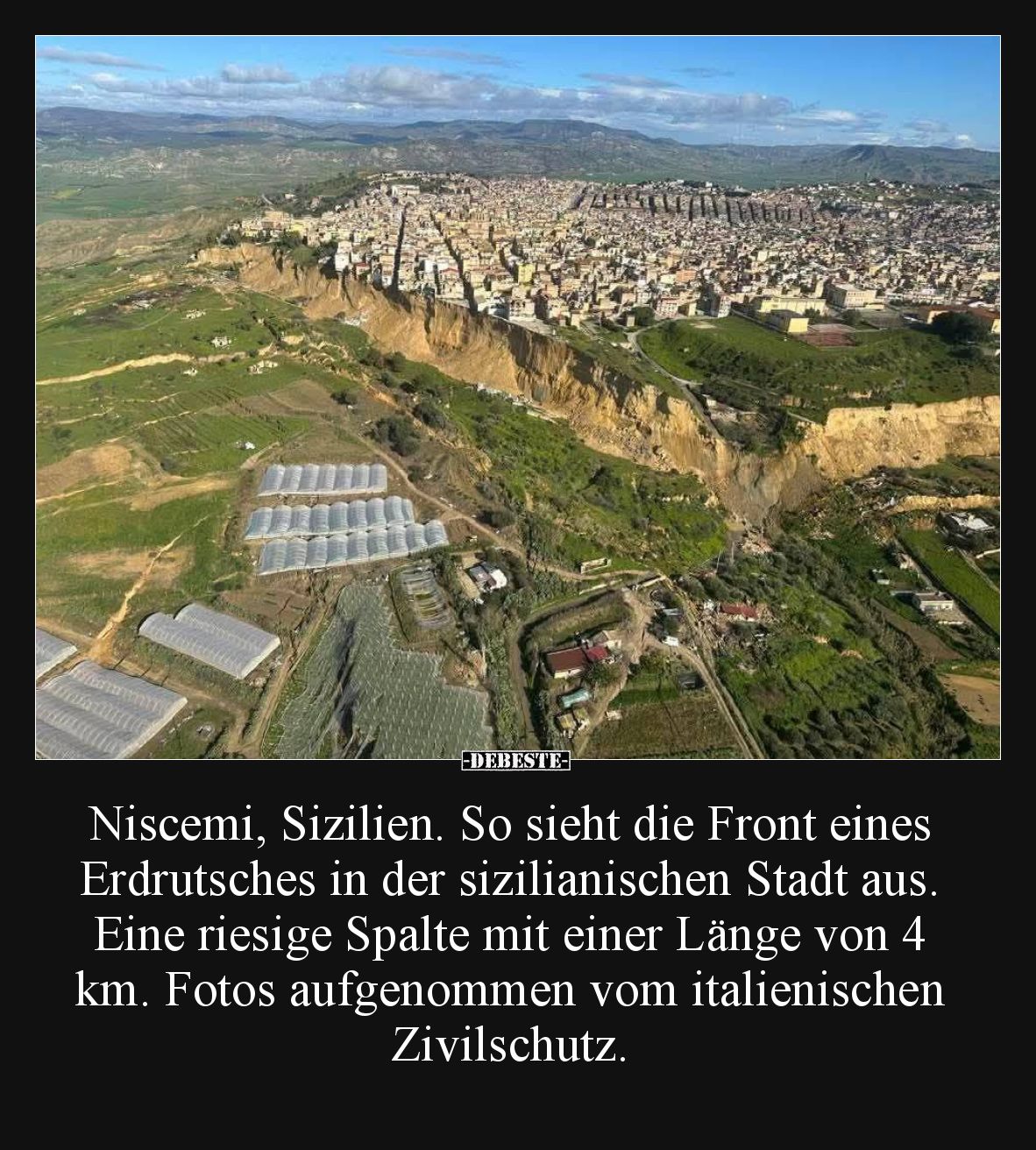 Niscemi, Sizilien. So sieht die Front eines Erdrutsches in der sizilianischen Stadt aus. Eine riesige Spalte mit einer Länge ...