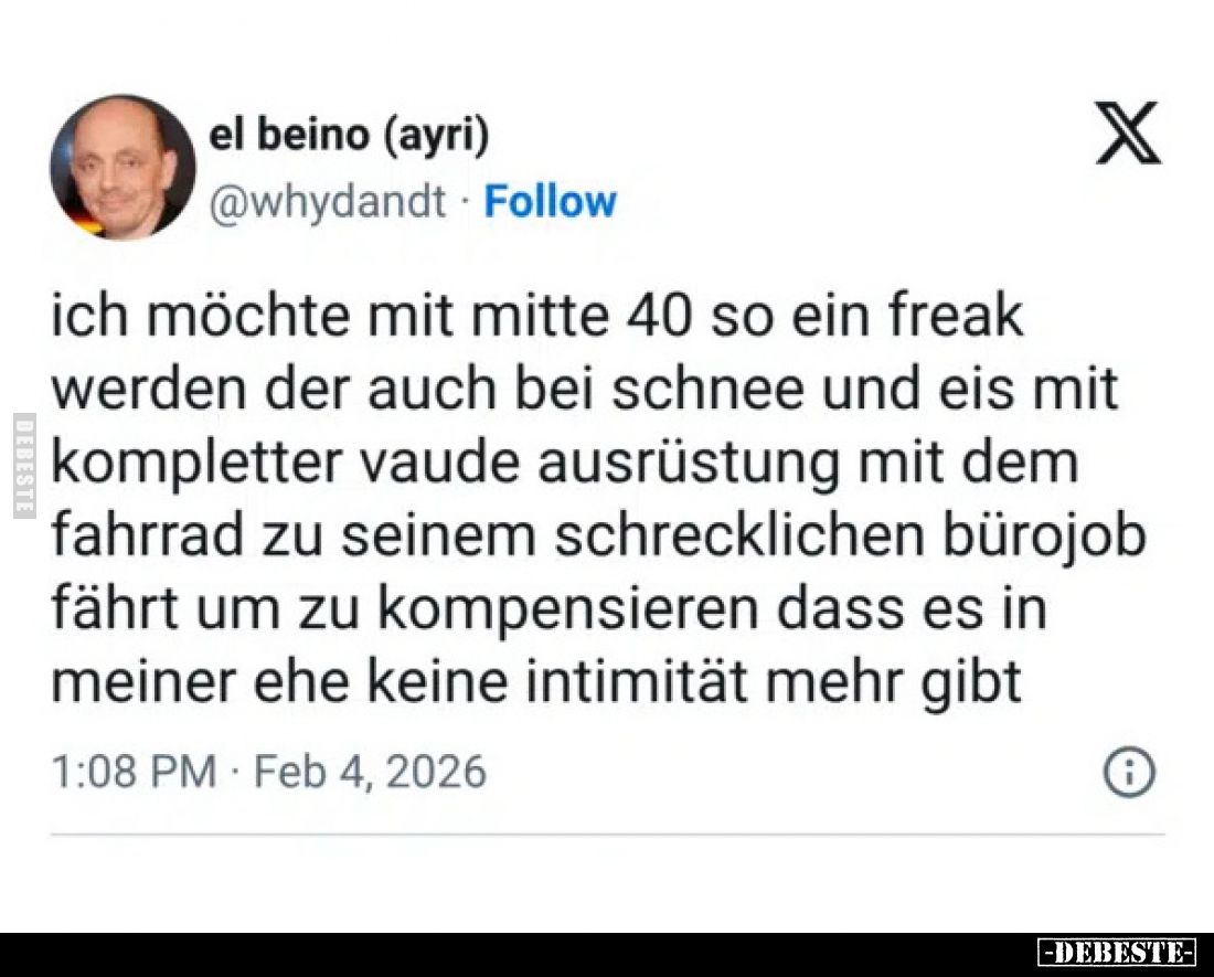 Ich möchte mit mitte 40 so ein Freak werden, der auch bei Schnee und Eis mit kompletter Vaude-Ausrüstung mit dem Fahrrad zu s...