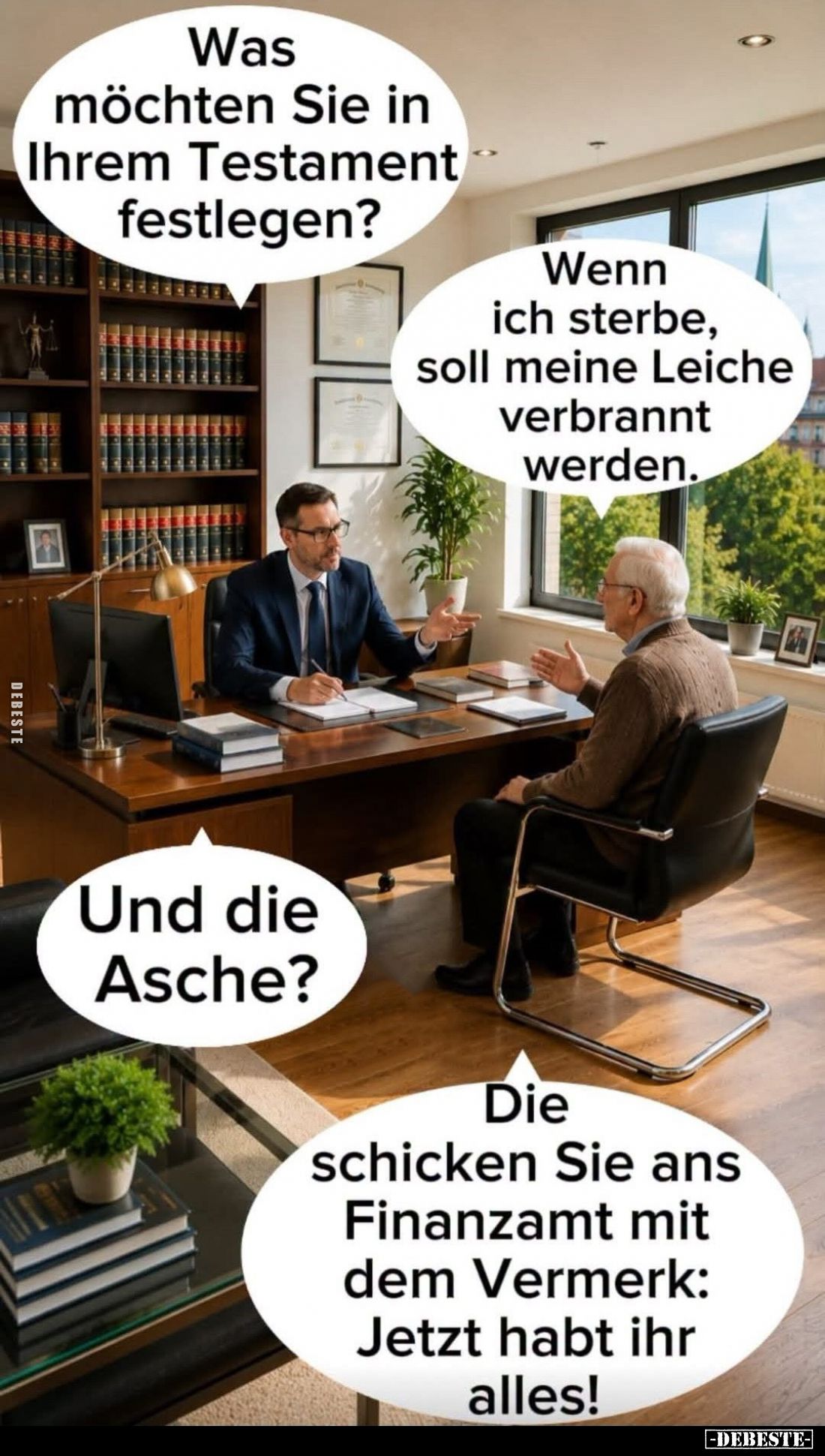 Was möchten Sie in Ihrem Testament festlegen? -
Wenn ich sterbe, soll meine Leiche verbrannt werden. -
Und die Asche?
-
D...