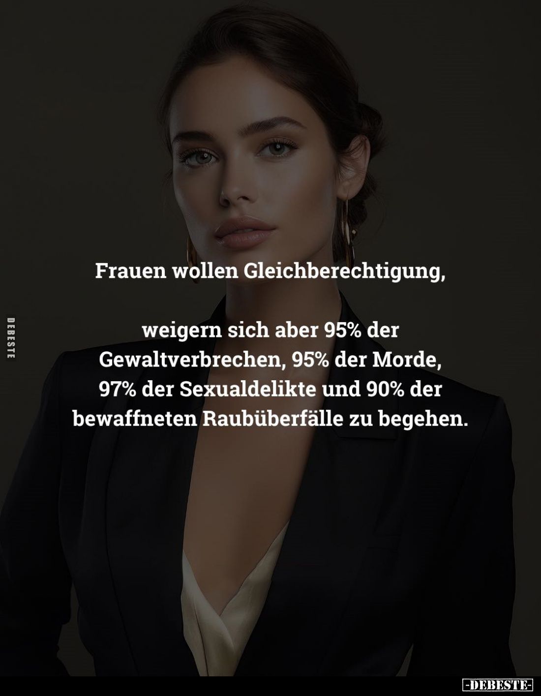 Frauen wollen Gleichberechtigung,
weigern sich aber 95% der Gewaltverbrechen, 95% der Morde, 97% der Sexualdelikte und 90% d...