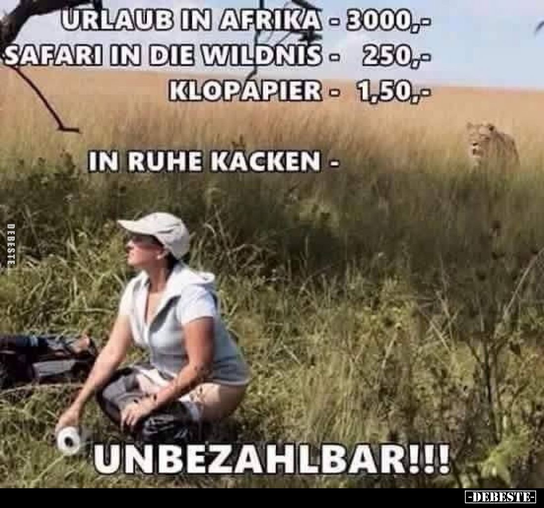 Urlaub in Afrika - 3000,-
Safari in die Wildnis - 250,-
Klopapier - 1,50,-
In Ruhe kacken - unbezahlbar!!!