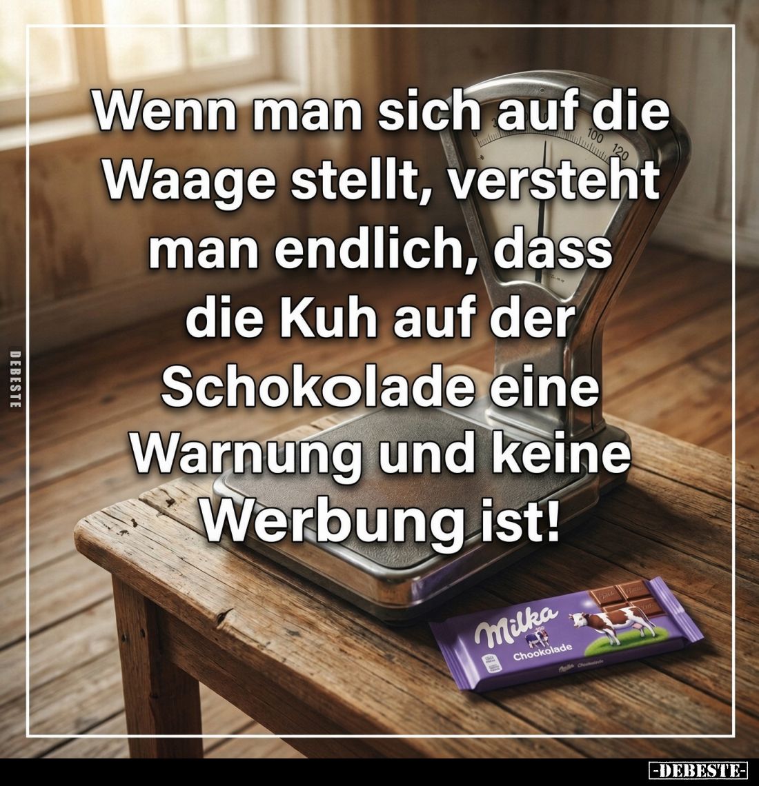 Wenn man sich auf die Waage stellt, versteht man endlich, dass die Kuh auf der Schokolade eine Warnung und keine Werbung ist!