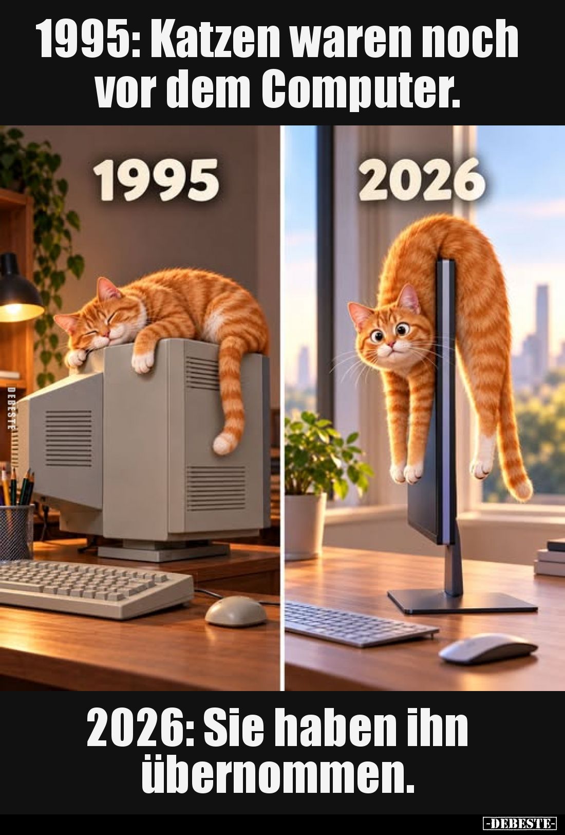 1995: Katzen waren noch vor dem Computer.
2026: Sie haben ihn übernommen.