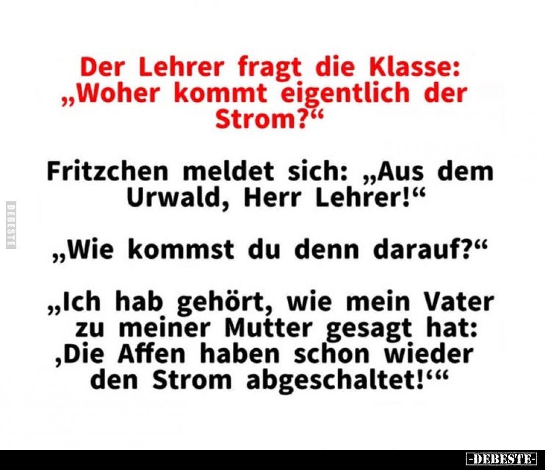 Der Lehrer fragt die Klasse: „Woher kommt eigentlich der Strom?“
Fritzchen meldet sich: „Aus dem Urwald, Herr Lehrer!“
„Wie...