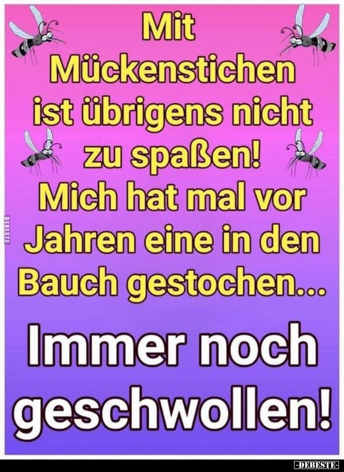 Mit Mückenstichen ist übrigens nicht zu spaßen! Mich hat mal vor Jahren eine in den Bauch gestochen...
Immer noch geschwolle...