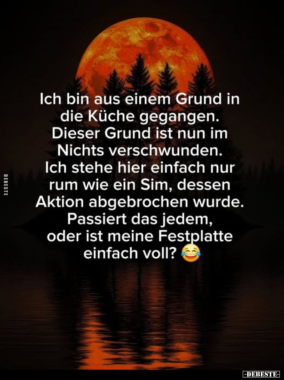 Ich bin aus einem Grund in die Küche gegangen.
Dieser Grund ist nun im Nichts verschwunden.
Ich stehe hier einfach nur rum ...