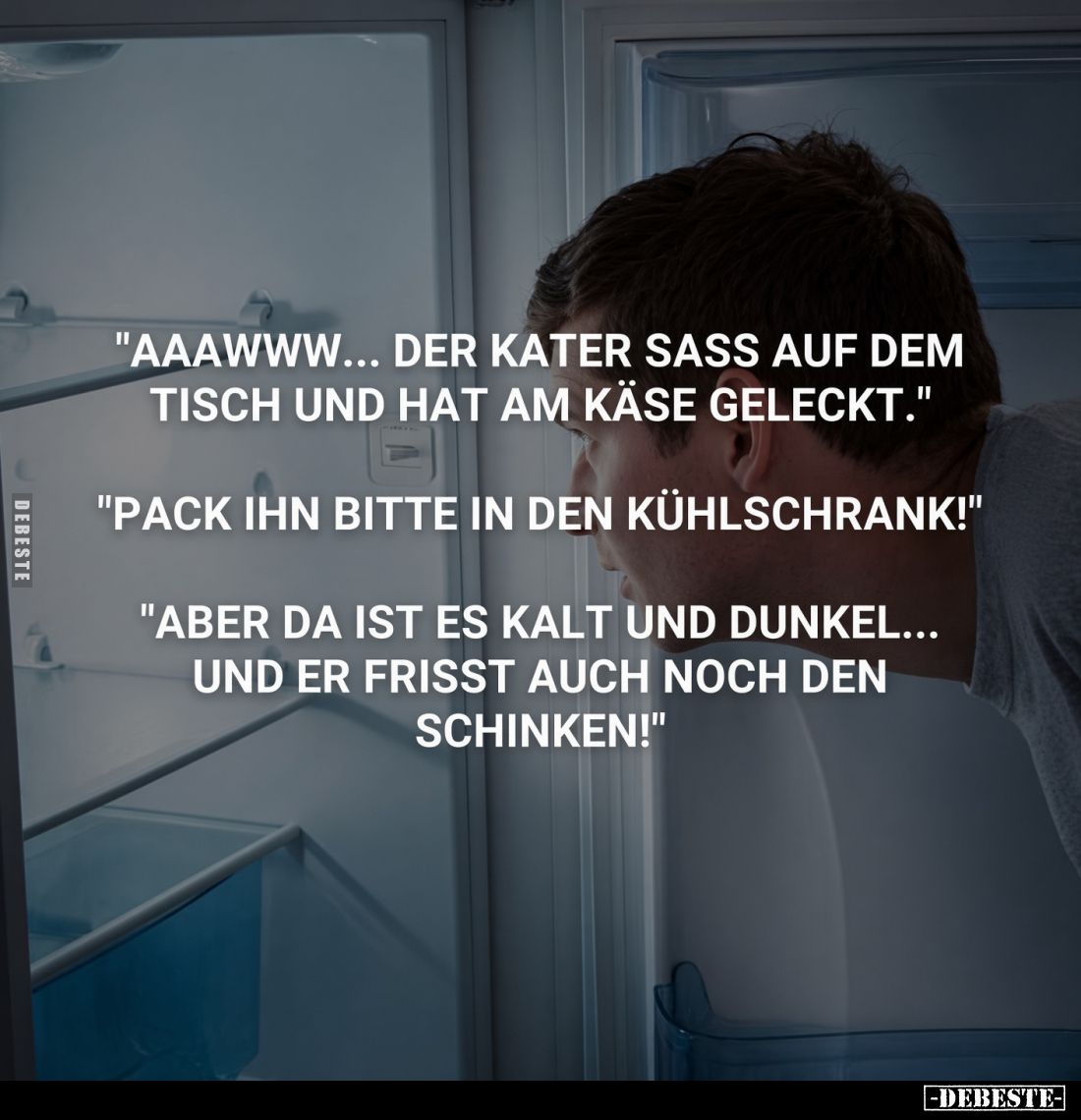 "Aaawww... der Kater sass auf dem Tisch und hat am Käse geleckt."
"Pack ihn bitte in den Kühlschrank!"
...