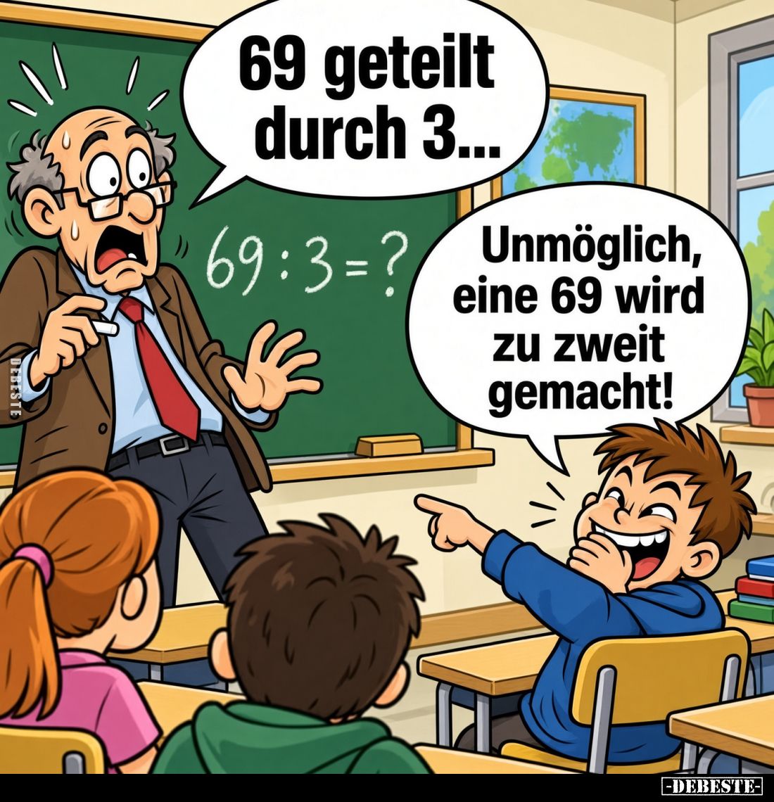 69 geteilt durch 3...
69:3=?
Unmöglich, eine 69 wird zu zweit gemacht!