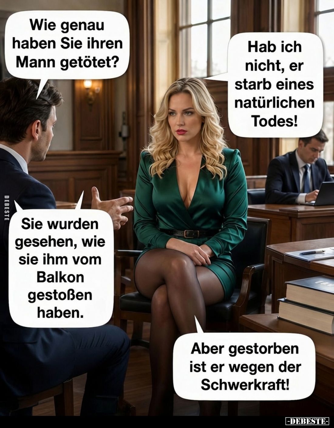 Wie genau haben Sie ihren Mann getötet?
Hab ich nicht, er starb eines natürlichen Todes!
Sie wurden gesehen, wie sie ihm vo...