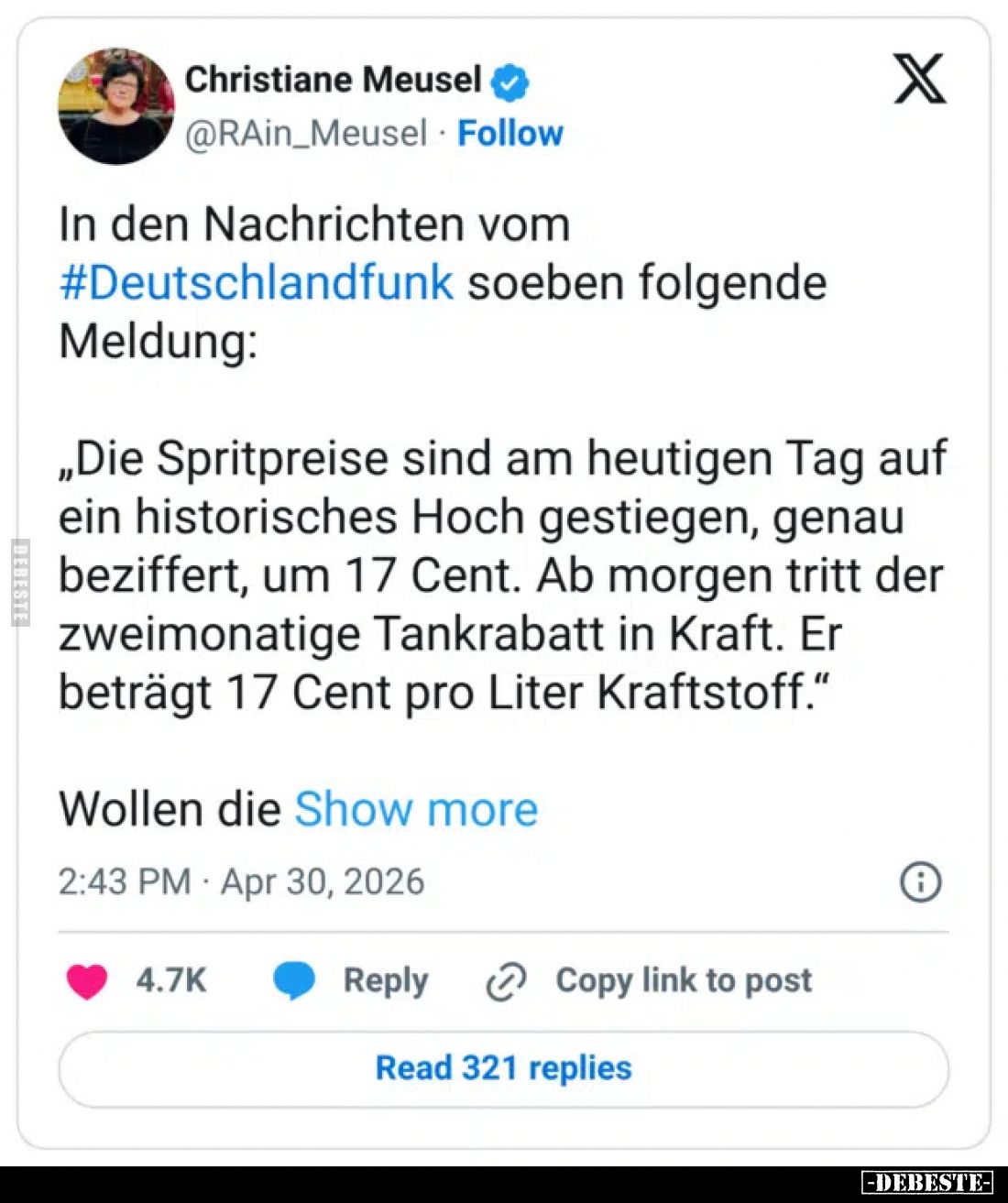 In den Nachrichten vom Deutschlandfunk soeben folgende Meldung:
„Die Spritpreise sind am heutigen Tag auf ein historisches H...