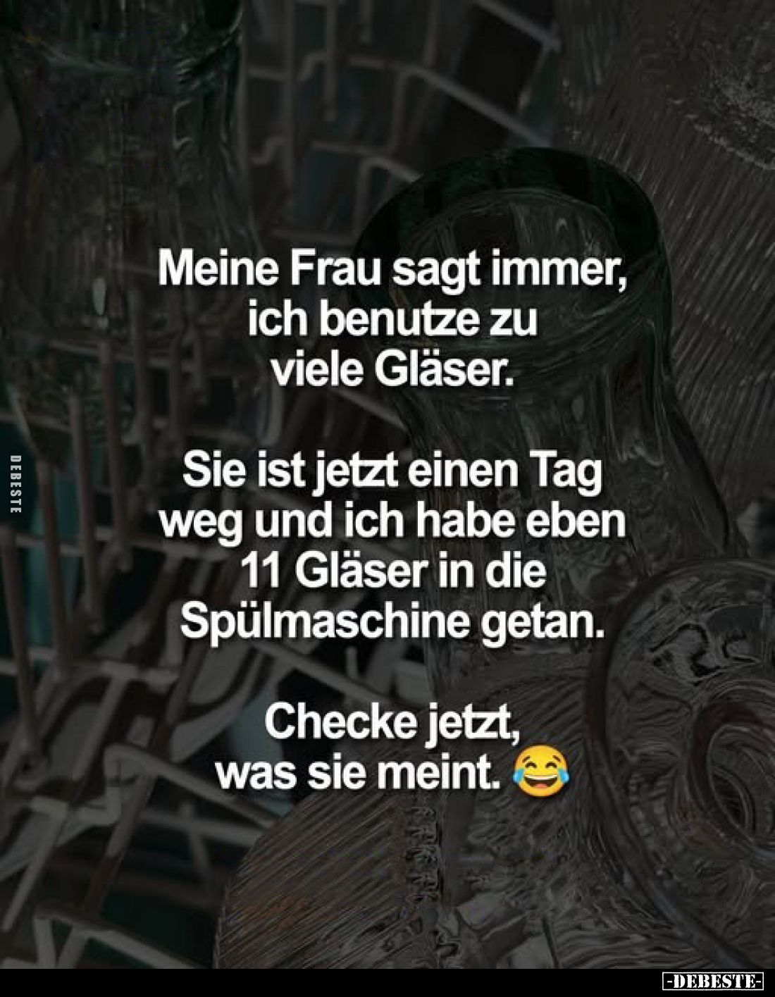 Meine Frau sagt immer, ich benutze zu viele Gläser.
Sie ist jetzt einen Tag weg und ich habe eben 11 Gläser in die Spülmasch...