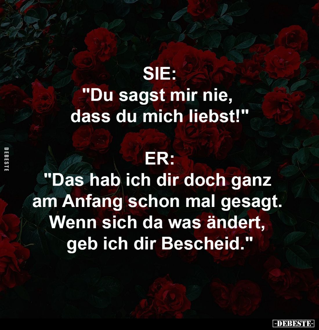 SIE:
"Du sagst mir nie, 
dass du mich liebst!"
-
ER:
"Das hab ich dir doch ganz 
am Anfang schon mal ges...