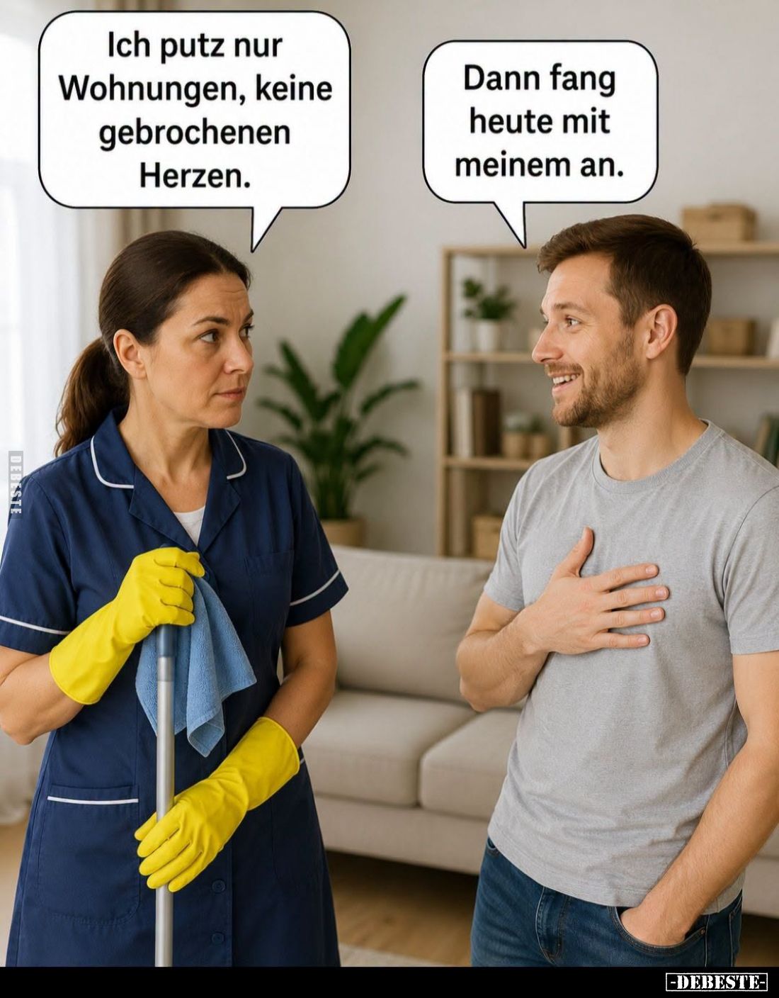 Ich putz nur Wohnungen, keine gebrochenen Herzen.
Dann fang heute mit meinem an.