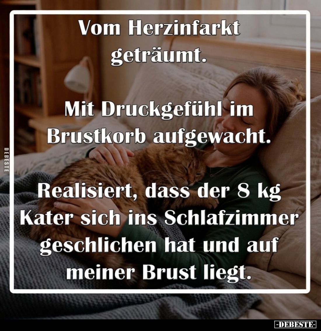 Vom Herzinfarkt geträumt.
Mit Druckgefühl im Brustkorb aufgewacht.
Realisiert, dass der 8 kg Kater sich ins Schlafzimmer ge...