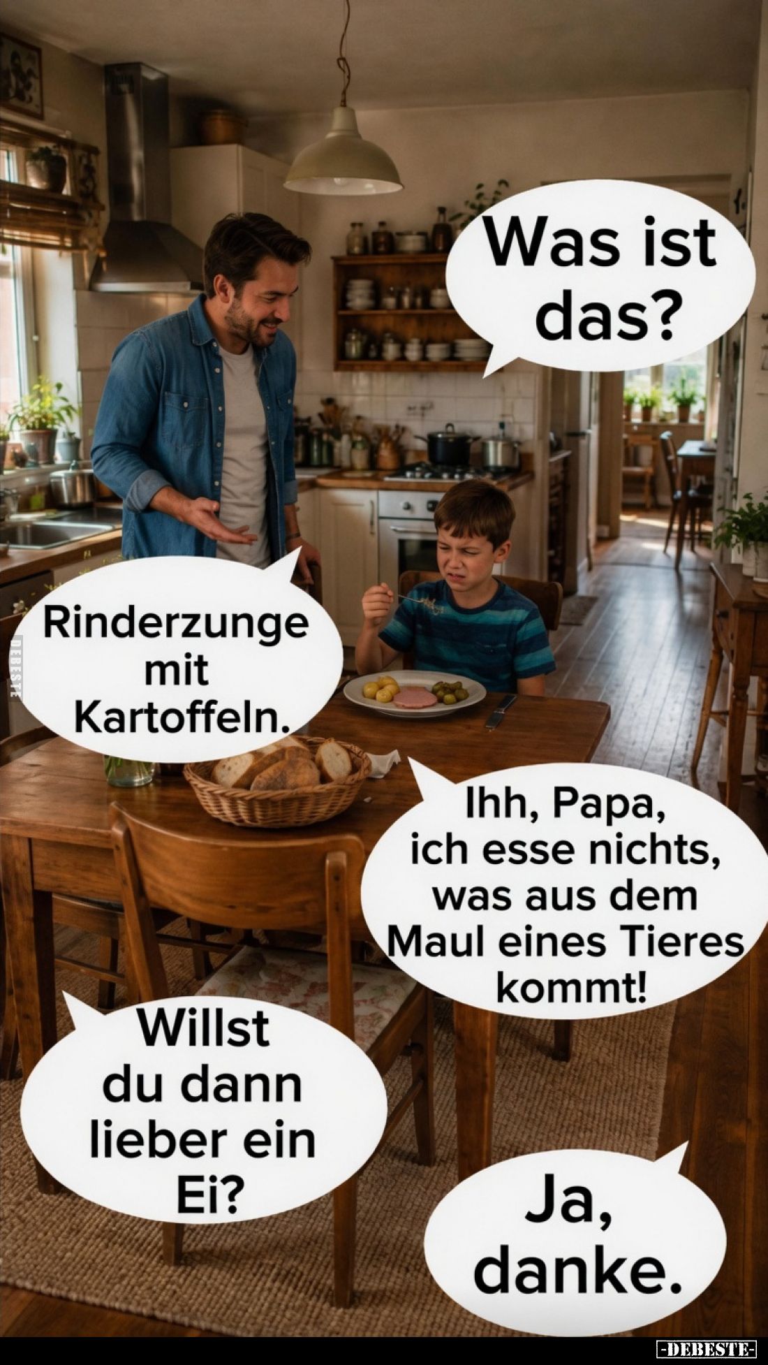 Was ist das?
Rinderzunge mit Kartoffeln.
Ihh, Papa, ich esse nichts, was aus dem Maul eines Tieres kommt!
Willst du dann l...