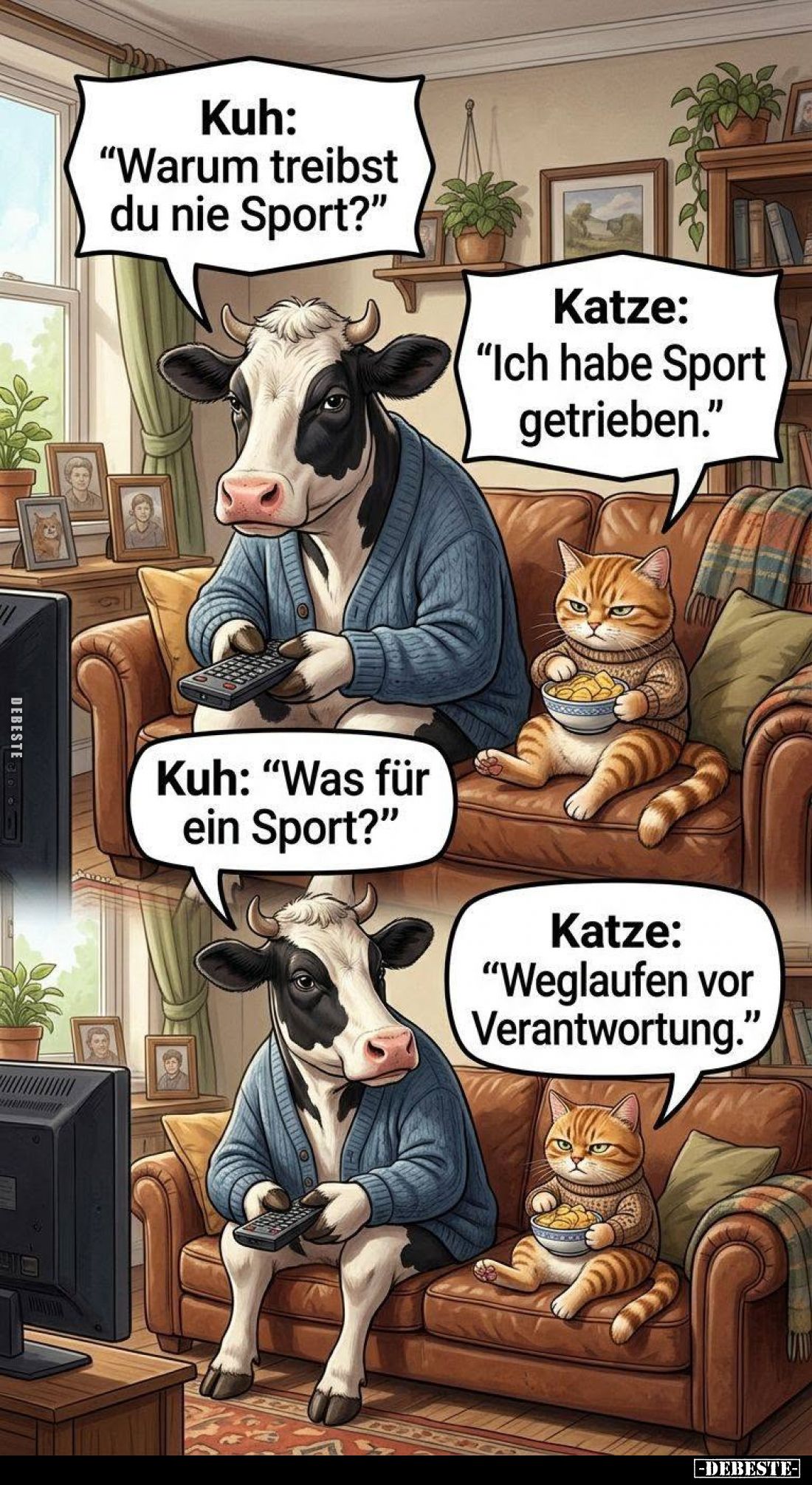 Kuh: "Warum treibst du nie Sport?" -
Katze: "Ich habe Sport getrieben." -
Kuh: "Was für ein Sport?...