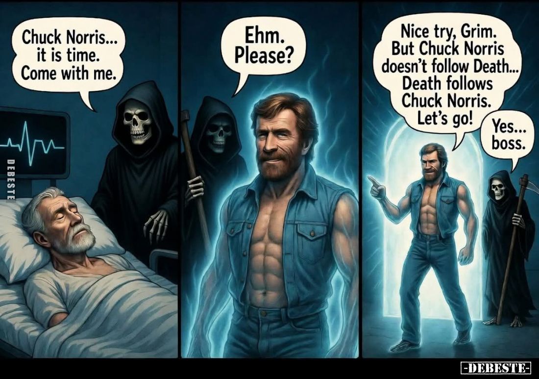Chuck Norris... it is time. Come with me. -
Ehm. Please? -
Nice try, Grim. But Chuck Norris doesn't follow Death... Death f...