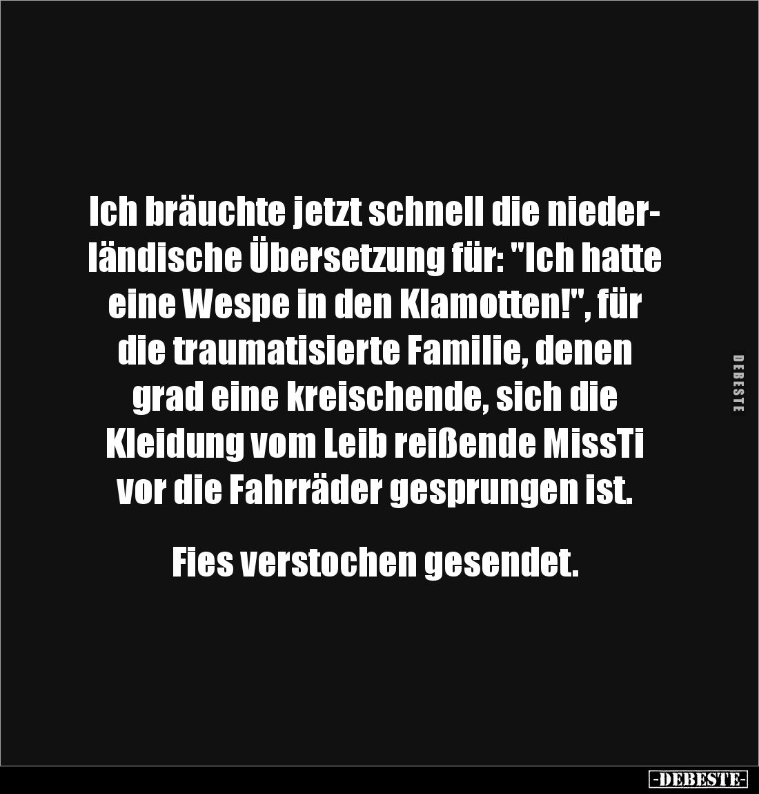 Ich bräuchte jetzt schnell die nieder-
ländische Übersetzung für: "Ich hatte eine Wespe in den Klamotten!", für di...