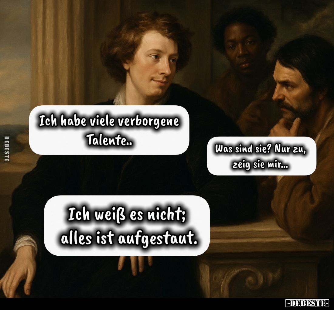 Ich habe viele verborgene Talente..
Was sind sie? Nur zu, zeig sie mir...
Ich weiß es nicht; alles ist aufgestaut.