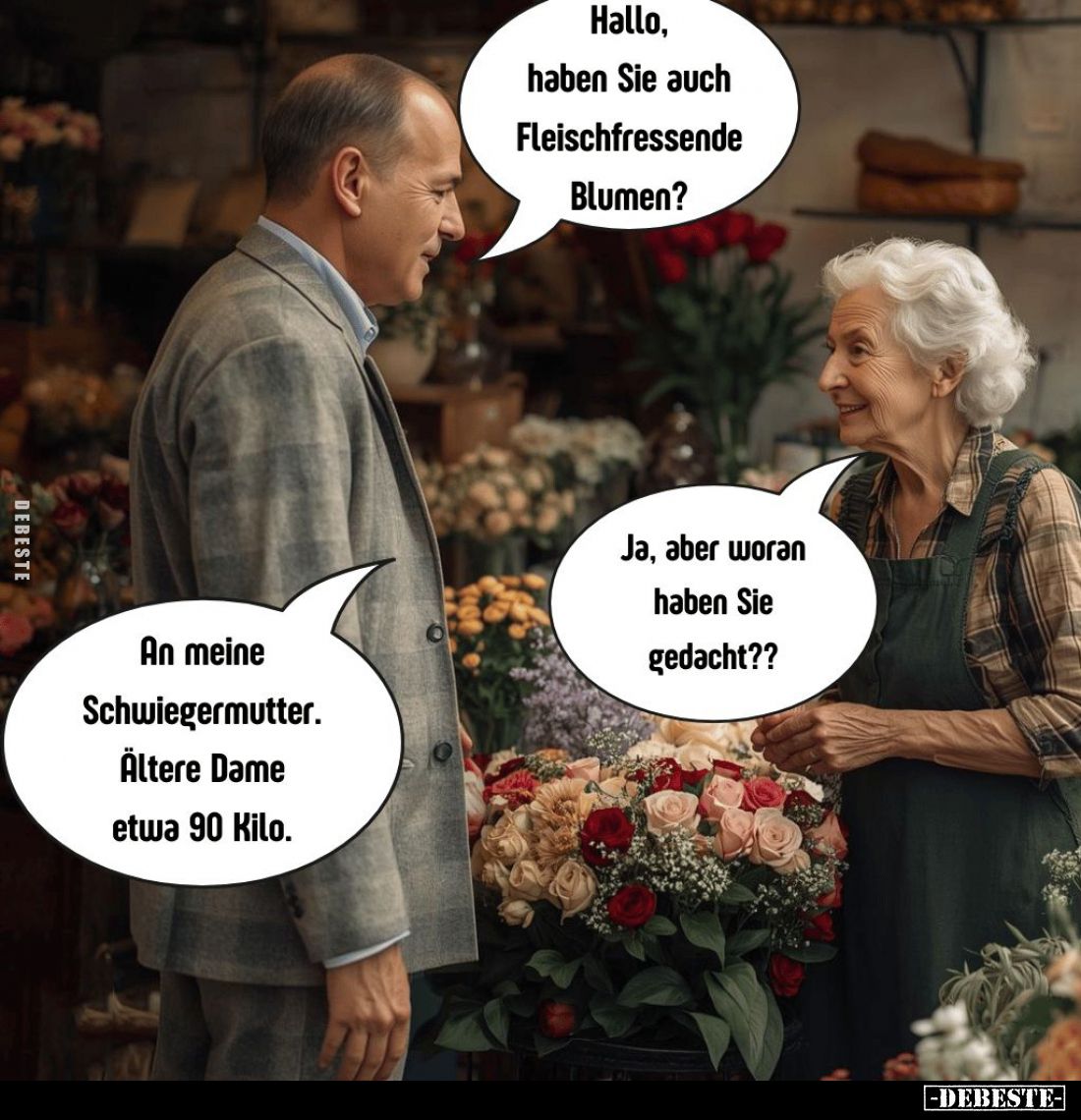 Hallo, haben Sie auch Fleischfressende Blumen? -
Ja, aber woran haben Sie gedacht?? -
An meine Schwiegermutter. Ältere Dame...