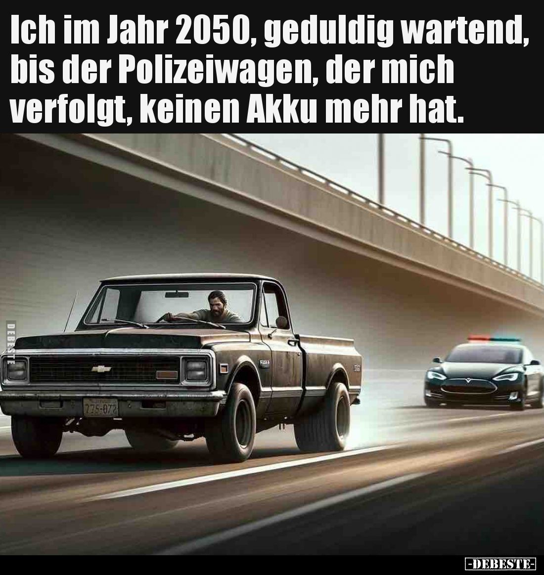 Ich im Jahr 2050, geduldig wartend, bis der Polizeiwagen, der mich verfolgt, keinen Akku mehr hat.