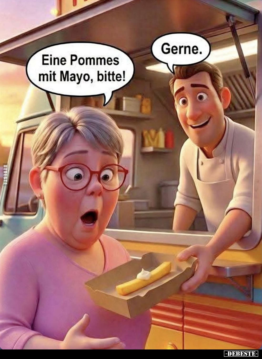 Eine Pommes mit Mayo, bitte! - Gerne.