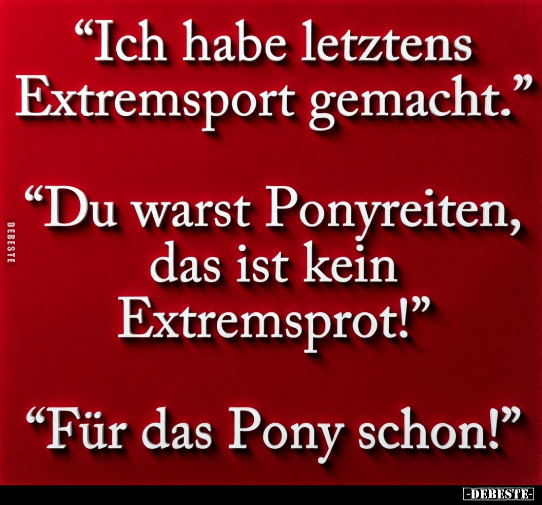 "Ich habe letztens Extremsport gemacht."
"Du warst Ponyreiten, das ist kein Extremsport!"
"Für...
