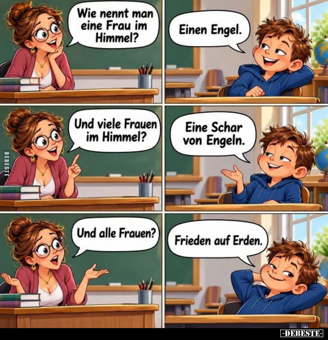 Wie nennt man eine Frau im Himmel?
-
Einen Engel.
-
Und viele Frauen im Himmel?
-
Eine Schar von Engeln.
-
Und alle F...