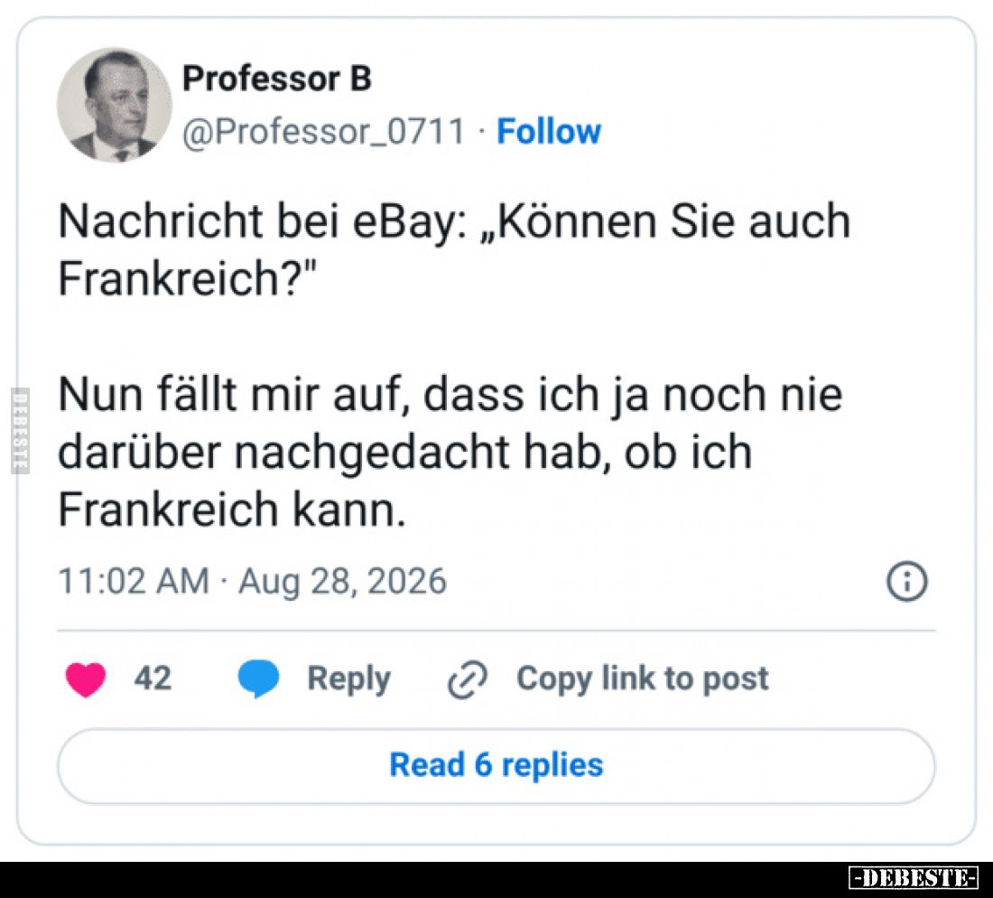 Nachricht bei eBay: „Können Sie auch Frankreich?“

Nun fällt mir auf, dass ich ja noch nie darüber nachgedacht hab, ob ich ...