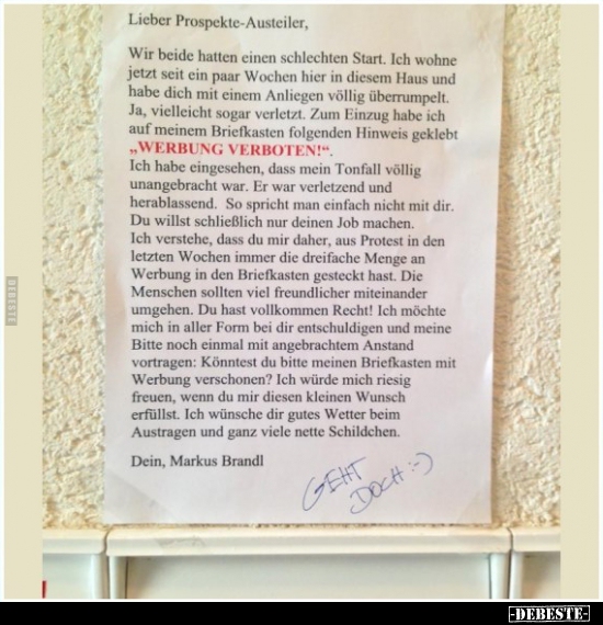 Lieber Prospekte-Austeiler...