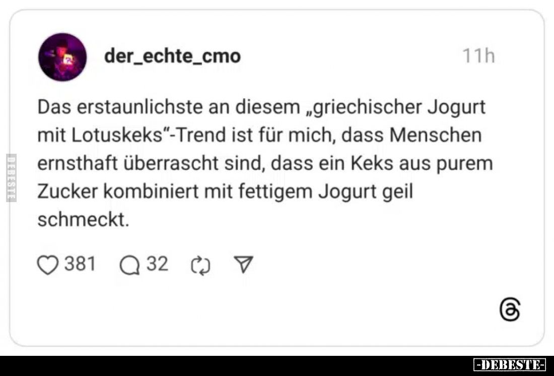 Das erstaunlichste an diesem „griechischer Jogurt mit Lotuskeks"-Trend ist für mich, dass Menschen ernsthaft überrascht ...