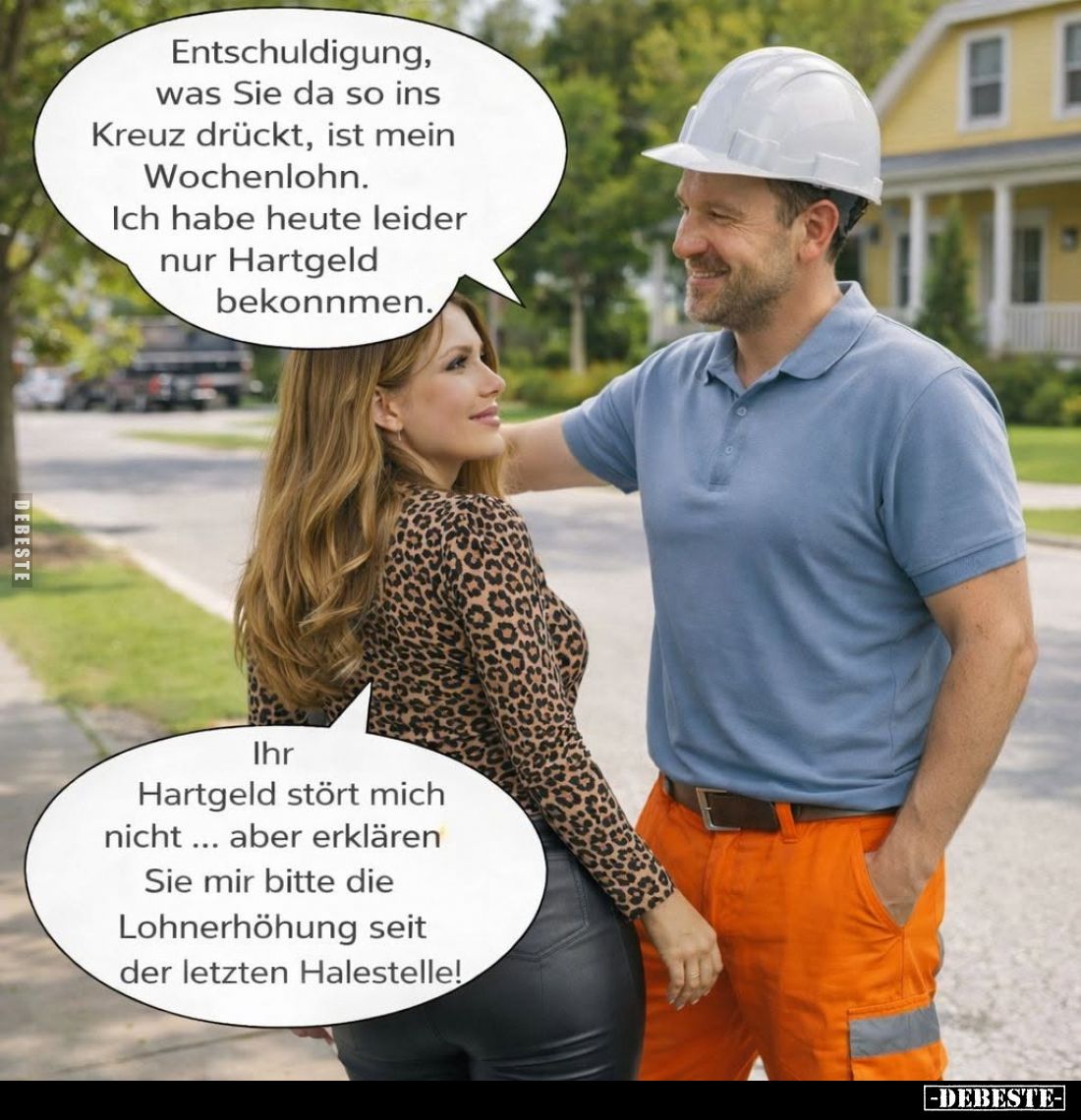 Entschuldigung, was Sie da so ins Kreuz drückt, ist mein Wochenlohn.
Ich habe heute leider nur Hartgeld bekommen. -
Ihr Har...