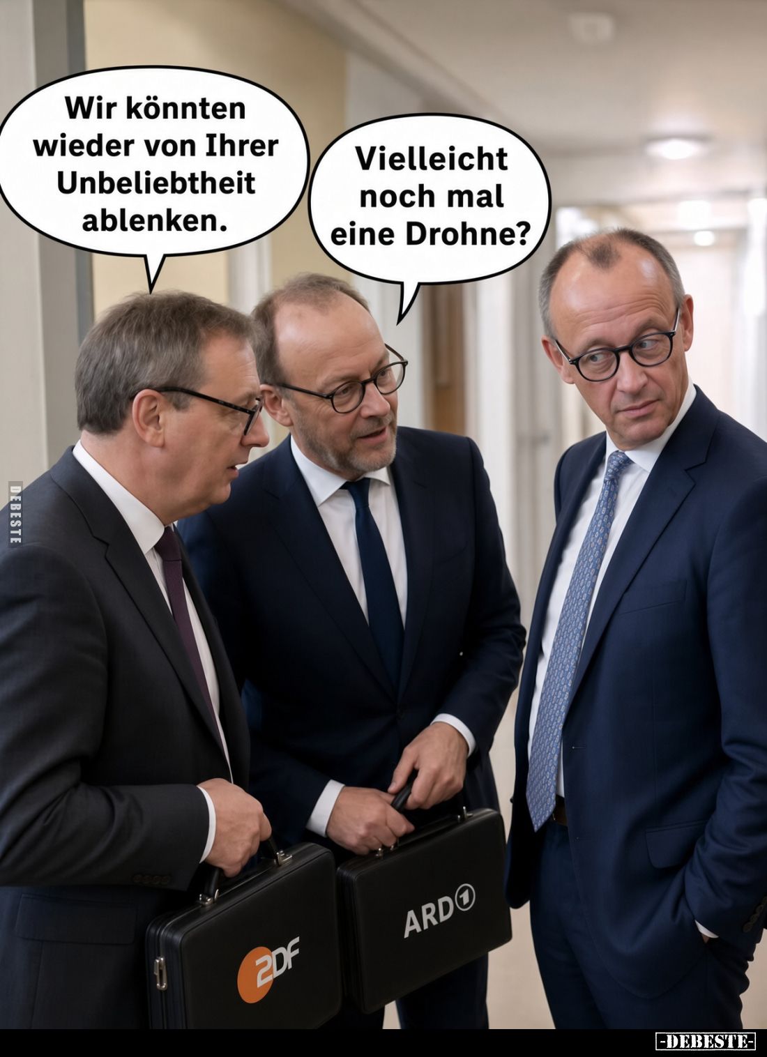 Wir könnten wieder von Ihrer Unbeliebtheit ablenken.
Vielleicht noch mal eine Drohne?