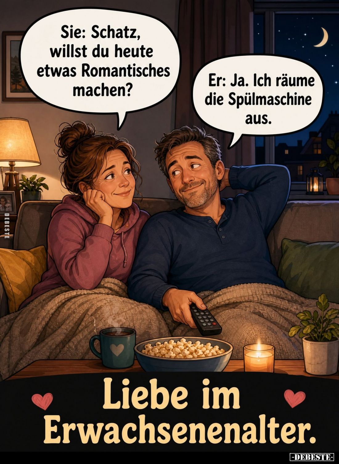 Liebe im Erwachsenenalter. - Sie: Schatz, willst du heute etwas Romantisches machen? -
Er: Ja. Ich räume die Spülmaschine au...