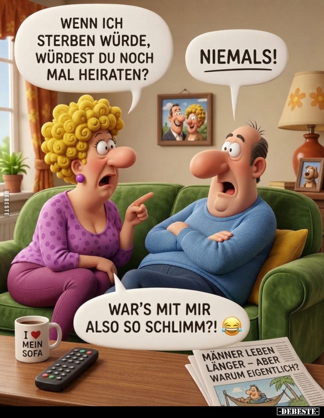 Wenn ich sterben würde, würdest du noch mal heiraten?
-
Niemals!
-
War's mit mir also so schlimm?!