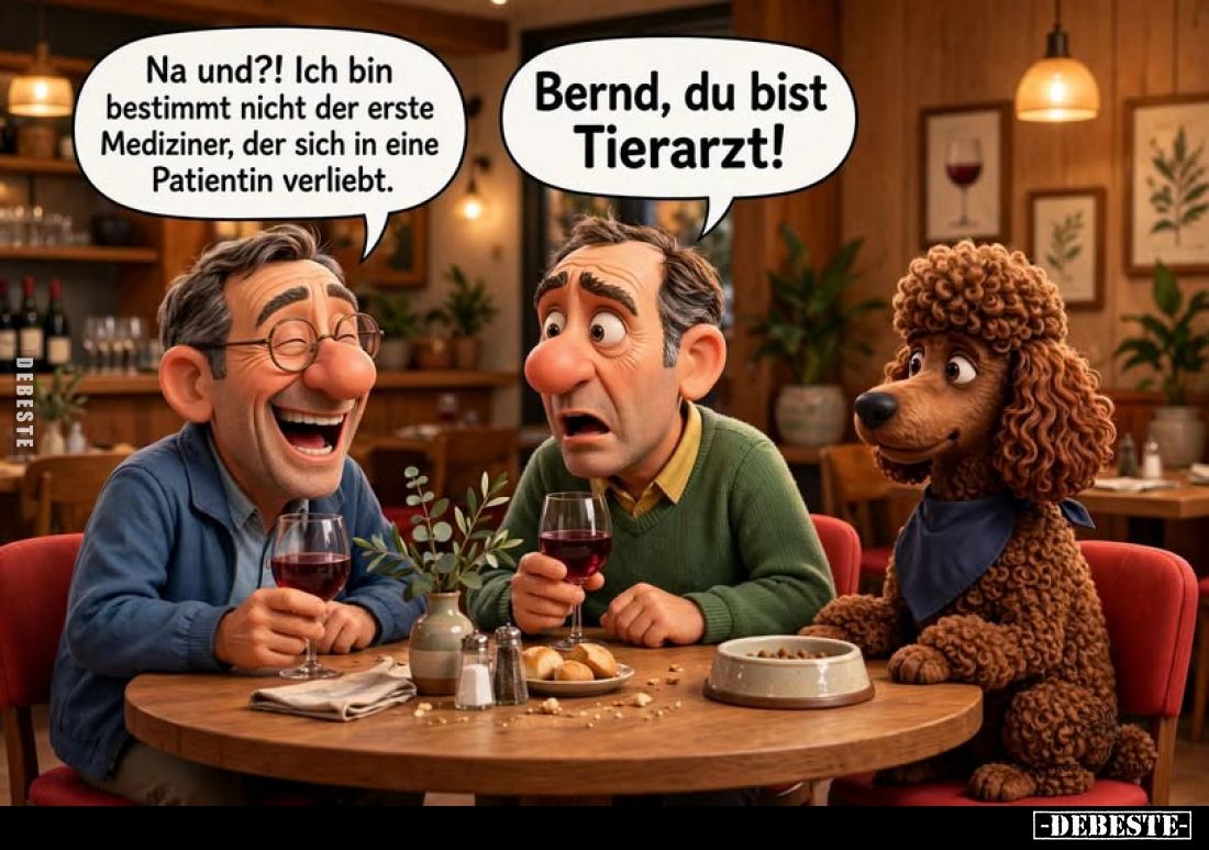 Na und?! Ich bin bestimmt nicht der erste Mediziner, der sich in eine Patientin verliebt.
Bernd, du bist Tierarzt!