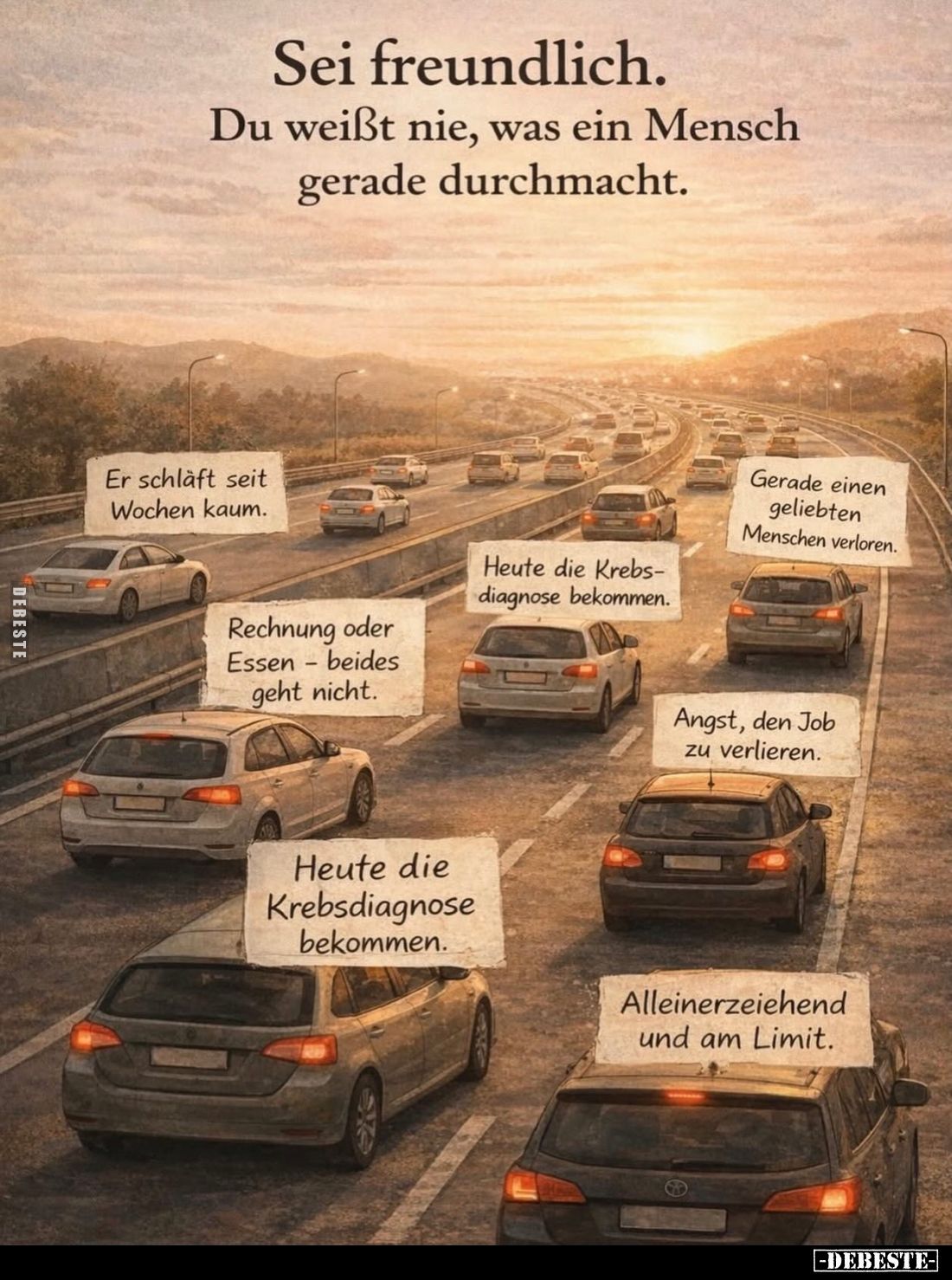 Sei freundlich.
Du weißt nie, was ein Mensch gerade durchmacht.