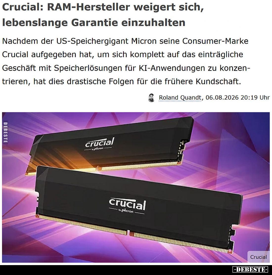 Crucial: RAM-Hersteller weigert sich, lebenslange Garantie einzuhalten.
Nachdem der US-Speichergigant Micron seine Consumer-...