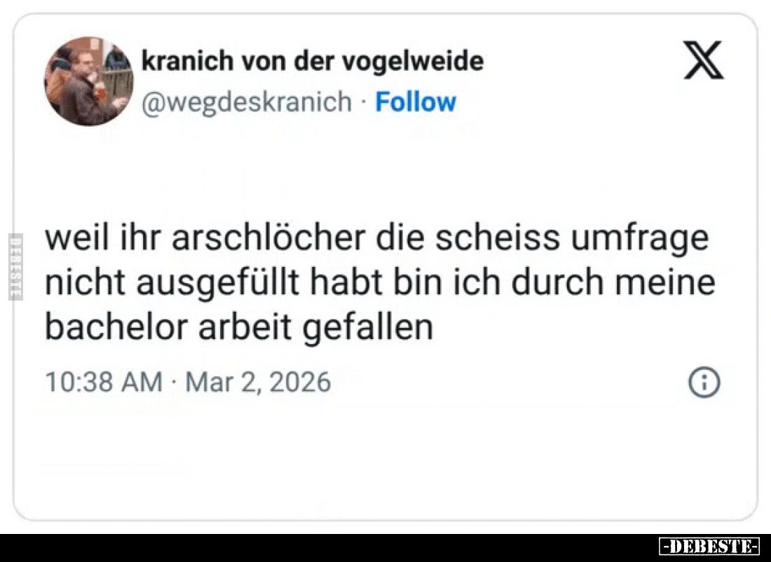Weil ihr Arschlöcher die scheiß Umfrage nicht ausgefüllt habt bin ich durch meine Bachelor Arbeit gefallen.