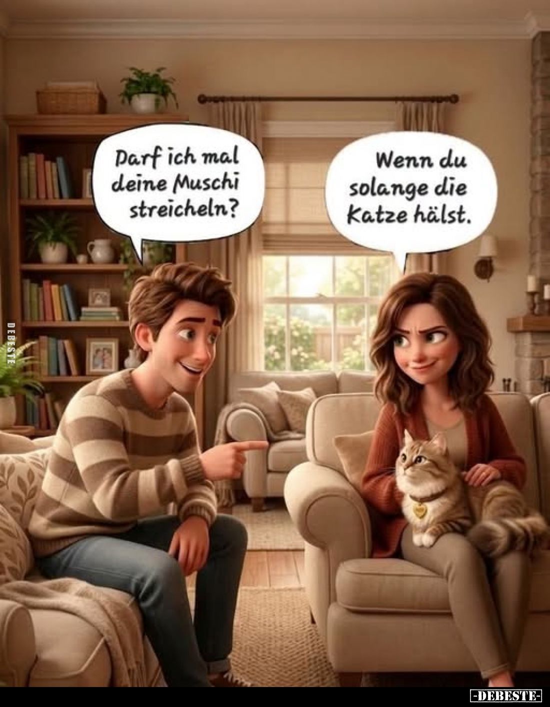 Darf ich mal deine Muschi streicheln?
Wenn du solange die Katze hälst.