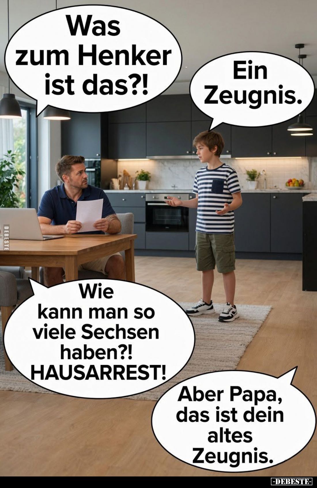 Was zum Henker ist das?! -
Ein Zeugnis. -
Wie kann man so viele Sechsen haben?! HAUSARREST! -
Aber Papa, das ist dein alte...