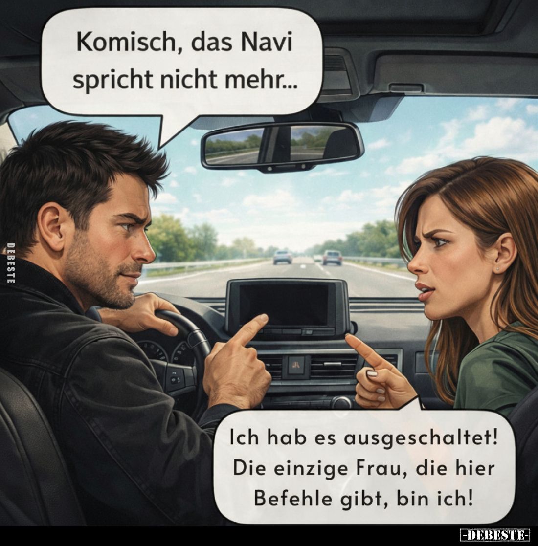 Komisch, das Navi spricht nicht mehr...
Ich hab es ausgeschaltet! Die einzige Frau, die hier Befehle gibt, bin ich!