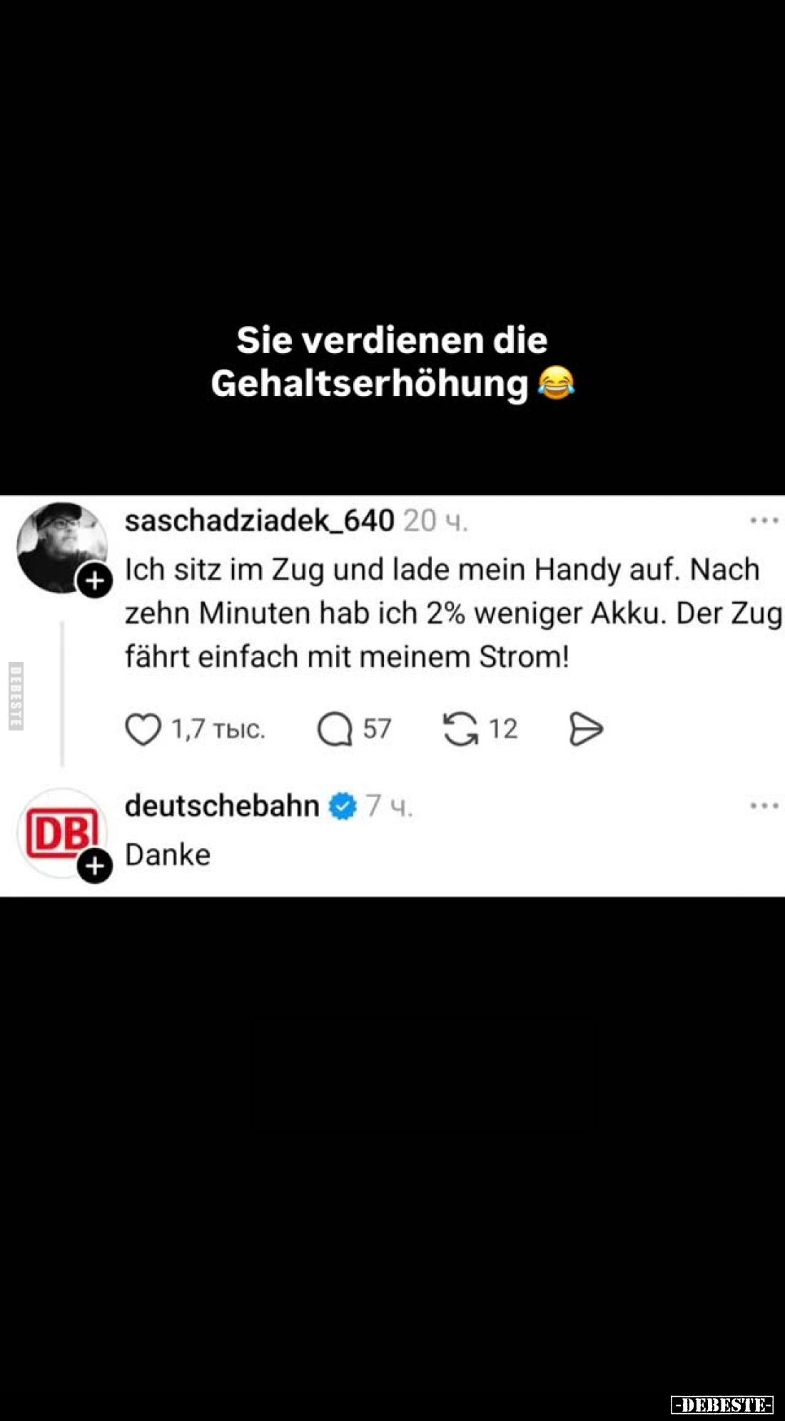 Sie verdienen die Gehaltserhöhung
-
Ich sitz im Zug und lade mein Handy auf. Nach zehn Minuten hab ich 2% weniger Akku. Der...