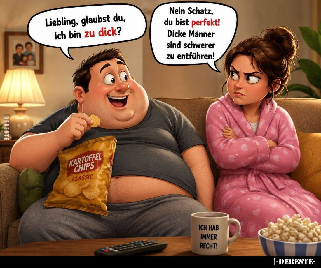 Liebling, glaubst du, ich bin zu dick? -
Nein Schatz, du bist perfekt!
Dicke Männer sind schwerer zu entführen!