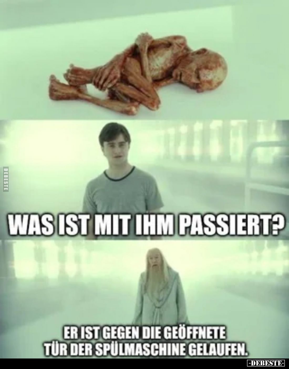 Was ist mit ihm passiert?

Er ist gegen die geöffnete Tür der Spülmaschine gelaufen.