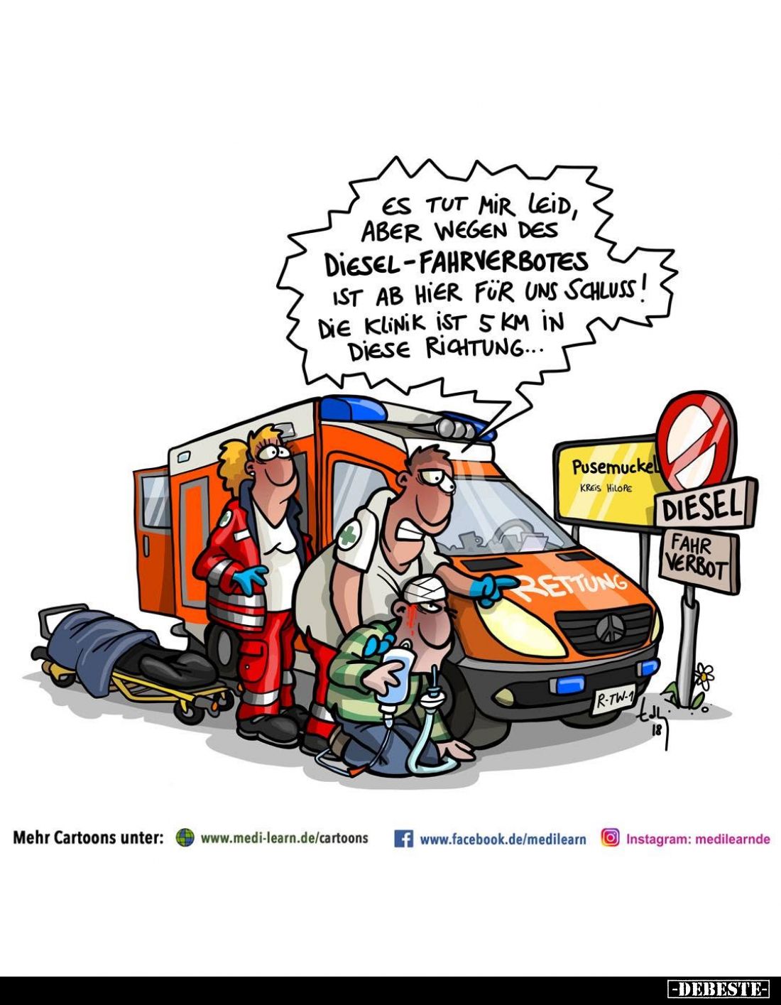 Es tut mir leid, aber wegen des Diesel-Fahrverbotes ist ab hier für uns Schluss! Die Klinik i̇st 5 km in diese Richtung...